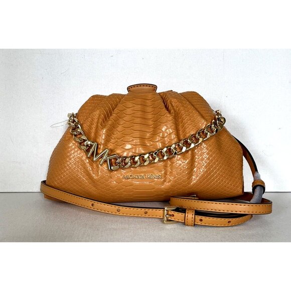 New Michael Kors Nola Small Snake Embossed Crossbody Chain Clutch Cider - Picture 5 of 6